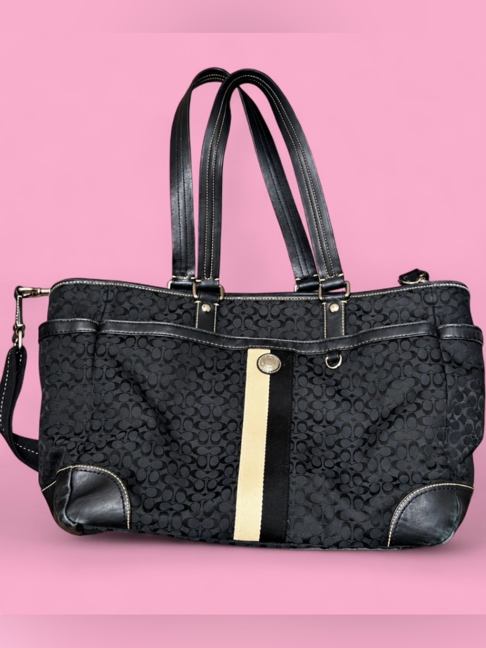 Vintage Coach Signature C Jacquard Voyager Tote Diaper Bag Black F13813